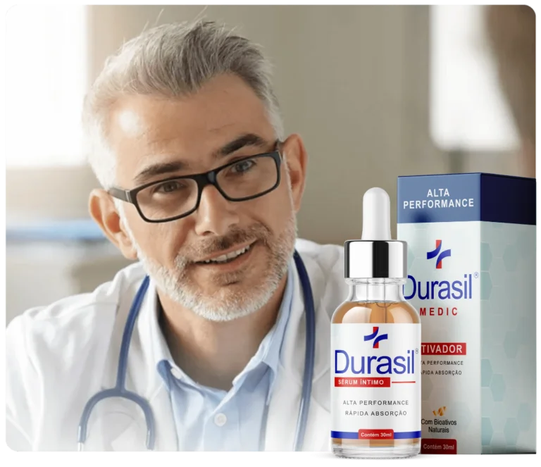Médico no Brasil ao lado do frasco e da embalagem do Durasil Sérum Íntimo, transmitindo confiança e recomendação profissional.