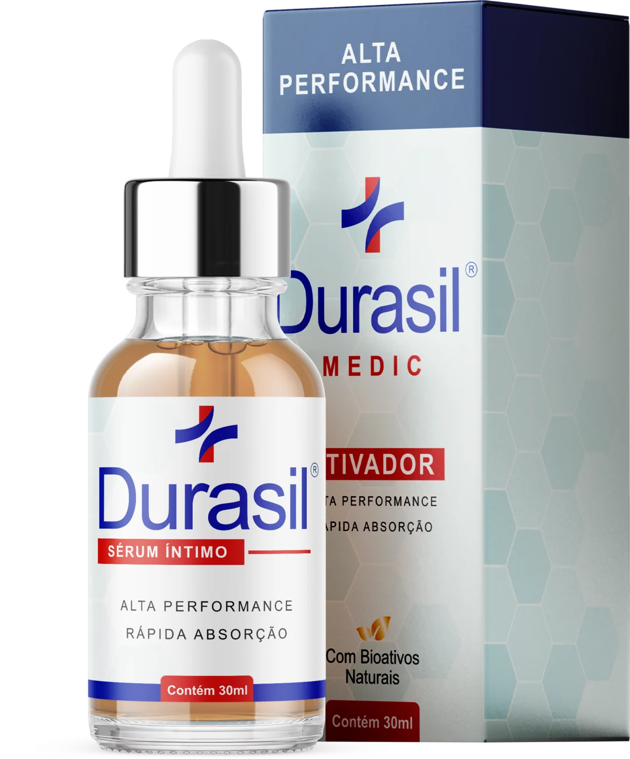 Frasco do Durasil Sérum Íntimo com conta-gotas e embalagem original, destacando sua fórmula de alta performance e rápida absorção.